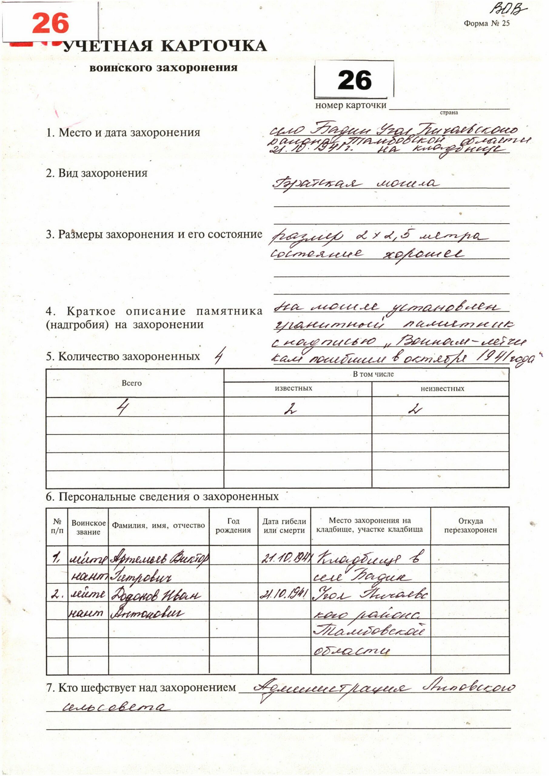 Учетная карточка воинского захоронения